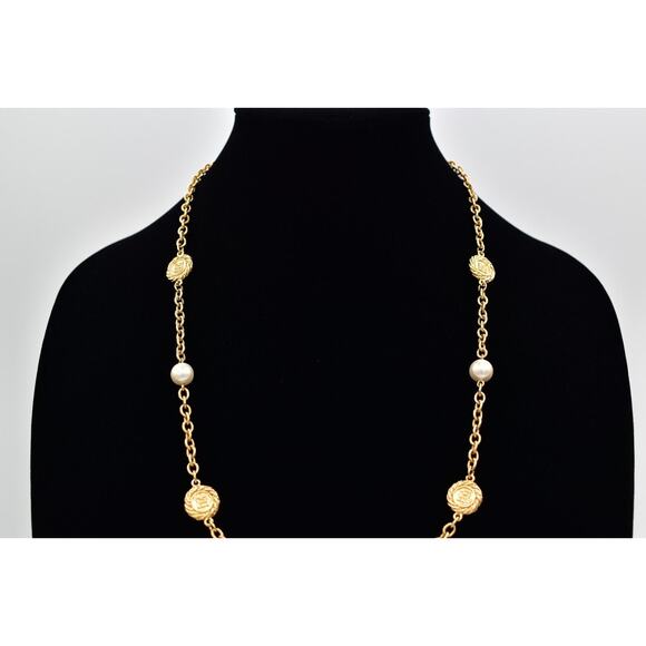 Givenchy Vintage Logo Coin Chain Necklace Station Pearl Gold Signed 1980s BinBJ